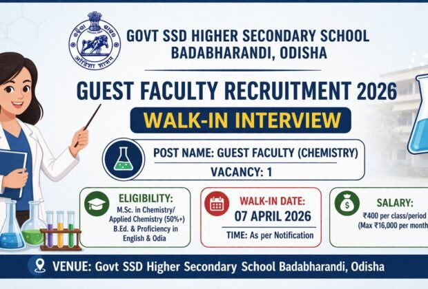 Govt SSD Higher Secondary School Badabharandi Guest Faculty Recruitment 2026 Walk-in Interview 07 April Odisha