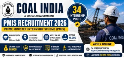 Coal India PMIS Recruitment 2026 featured banner for 34 ITI internship posts under Prime Minister Internship Scheme