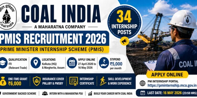 Coal India PMIS Recruitment 2026 featured banner for 34 ITI internship posts under Prime Minister Internship Scheme