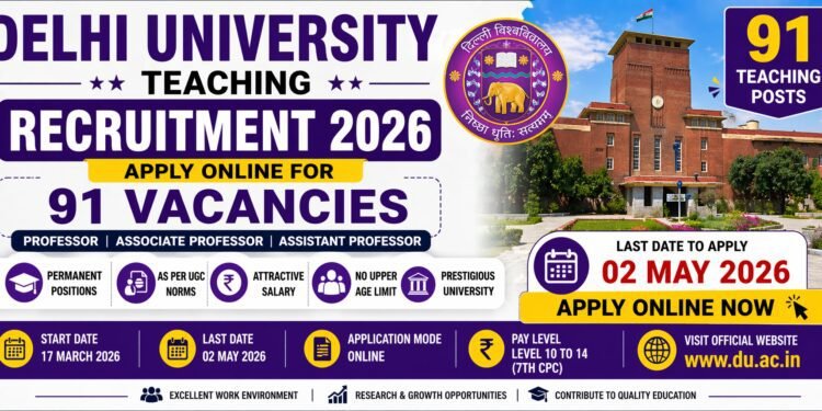 Delhi University Teaching Recruitment 2026 apply online for 91 Assistant Professor Associate Professor Professor posts last date 02 May 2026
