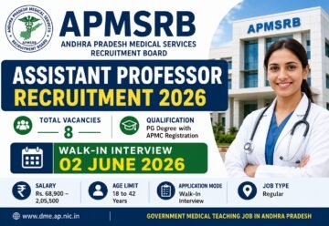 APMSRB Assistant Professor Recruitment 2026 notification for 8 Assistant Professor vacancies with walk-in interview details