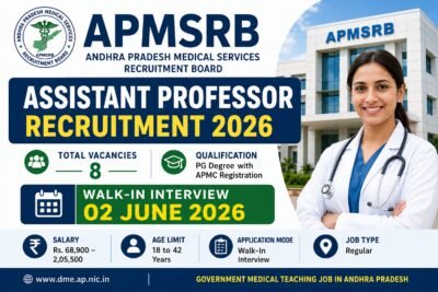 APMSRB Assistant Professor Recruitment 2026 notification for 8 Assistant Professor vacancies with walk-in interview details
