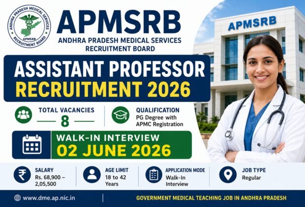 APMSRB Assistant Professor Recruitment 2026 notification for 8 Assistant Professor vacancies with walk-in interview details