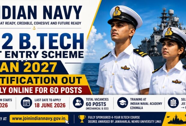 Indian Navy 10+2 B.Tech Cadet Entry Scheme Jan 2027 Notification 2026 Apply Online for 60 Posts
