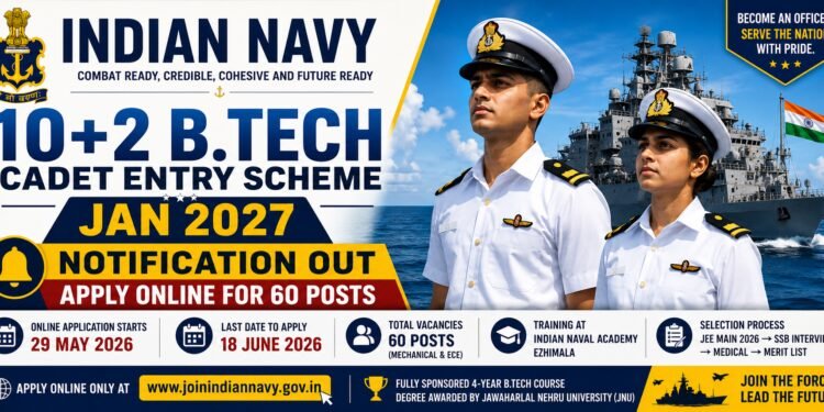 Indian Navy 10+2 B.Tech Cadet Entry Scheme Jan 2027 Notification 2026 Apply Online for 60 Posts