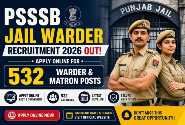 PSSSB Jail Warder Recruitment 2026 apply online for 532 Warder and Matron posts Punjab government jobs banner