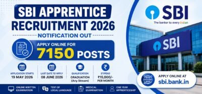 SBI Apprentice Recruitment 2026 notification banner for 7150 apprentice posts apply online before 08 June 2026