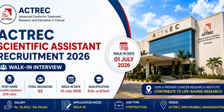 ACTREC Scientific Assistant Recruitment 2026 featured image for 2 Scientific Assistant (CRI Labs) walk-in vacancies scheduled on 01 July 2026.