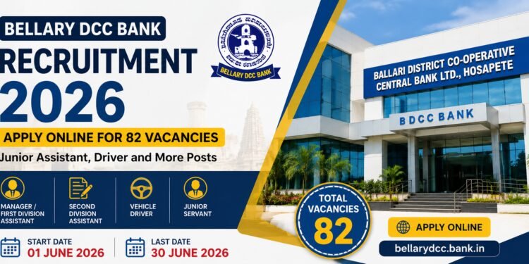 Bellary DCC Bank Recruitment 2026 notification for 82 vacancies including Junior Assistant, Second Division Assistant, Vehicle Driver and Junior Servant posts.